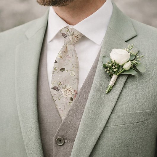 Floral Wedding Tie with Ivory Rose Pattern Stropdas