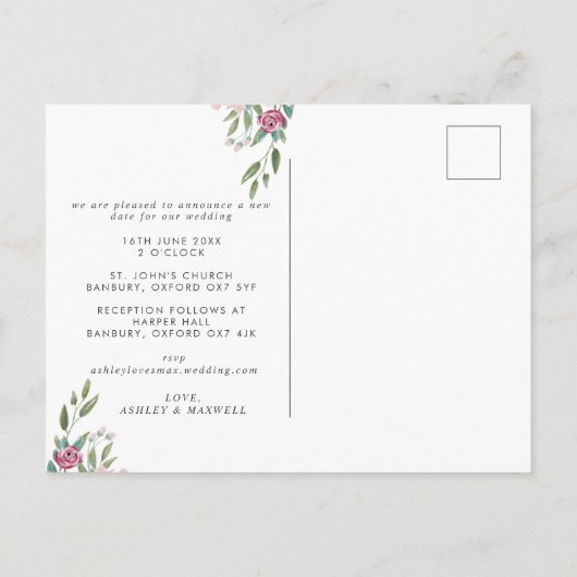 Floral Wedding Verander de Datum Bourgogne & Blush Aankondigingskaart (Achterkant)