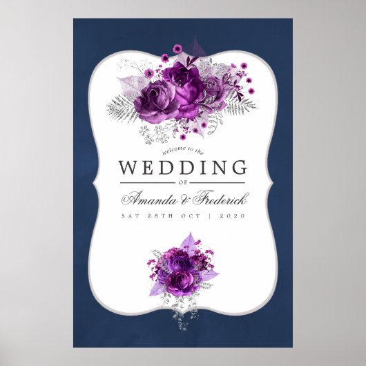 Floral Wedding Welcome Plum and Navy Waterverf Poster (Voorkant)