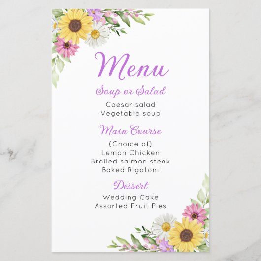 Floral Wedding Wildflower Sunflower Daisy Menu (Devant)