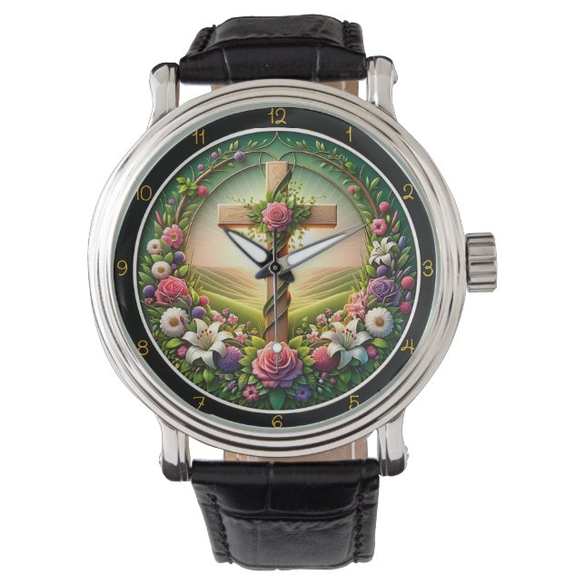 Floral Welcome Cross Garden Clock Horloge (Voorkant)