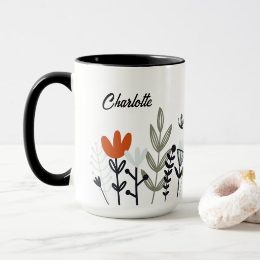 Floral Whimsical moderne Nom personnalisé Mug (Avec donut)