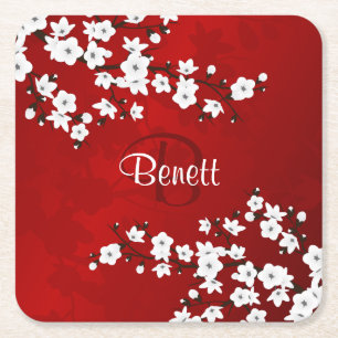 Floral White Cherry Blossom Red Naam Monogram toev Vierkante Kartonnen Onderzetter