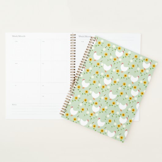 Floral White Chickens op Green Planner (Display)