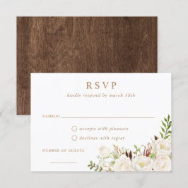 Floral White Greenery Rustic Wood Wedding RSVP Kaart