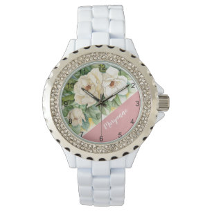 Floral White Magnolia Add Name Waterverf Wrist Horloge