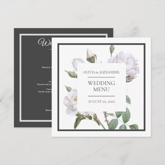 Floral White Roses Elegant Wedding Flat Menu (Voorkant / Achterkant)