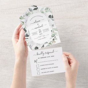 Floral White Roses Eucalyptus Wedding RSVP All In One Uitnodiging