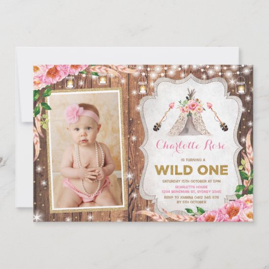 Floral Wild One 1st Birthday Rustic Teepee Party Kaart (Voorkant)