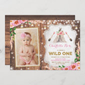 Floral Wild One 1st Birthday Rustic Teepee Party Kaart (Voorkant / Achterkant)