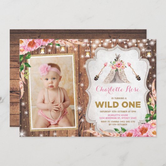 Floral Wild One 1st Birthday Rustic Teepee Party Kaart (Voorkant / Achterkant)