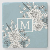 Floral Wilde bloem Botanisch Monogram Blauw Wit Stenen Onderzetter (Voorkant)