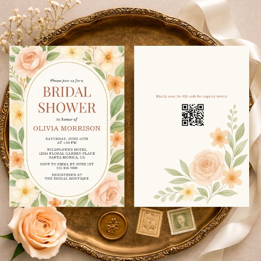 Floral Wildflower Botanical QR Code Bridal Shower Kaart