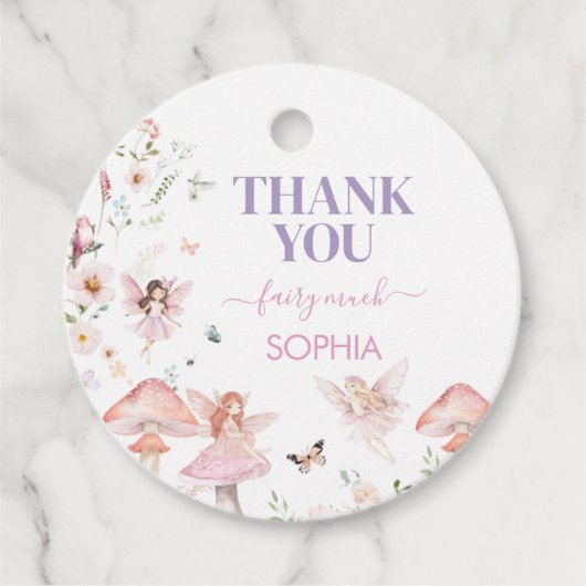 Floral Wildflower Fairy Eerste Verjaardag Feestron Bedankjes Labels (Voorkant)