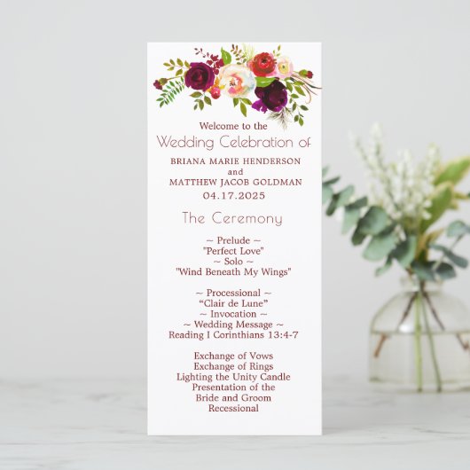 Floral Wine Blush Huwelijksprogramma Programma (Staand voorkant)