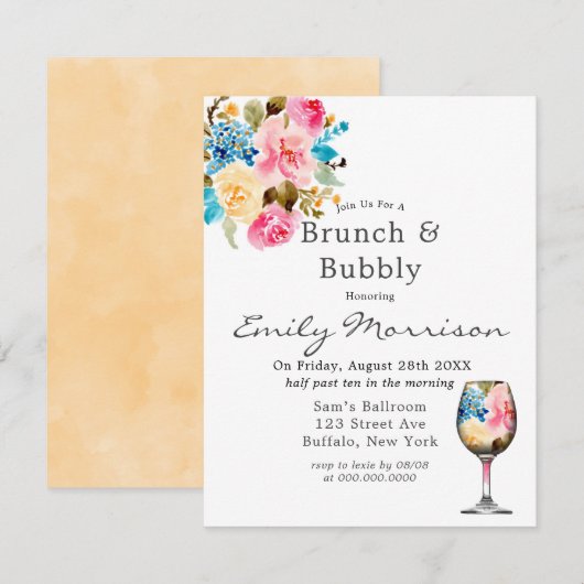 Floral Wine Glass Brunch & Bubble Invitation Kaart (Voorkant / Achterkant)