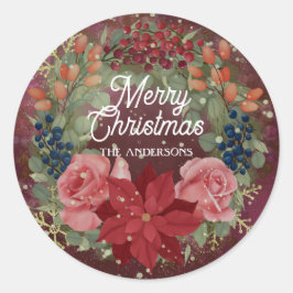 Floral winter waterverf met rode poinsettia inv ronde sticker