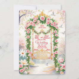 Floral with Gold Swing Wedding Invitation Kaart