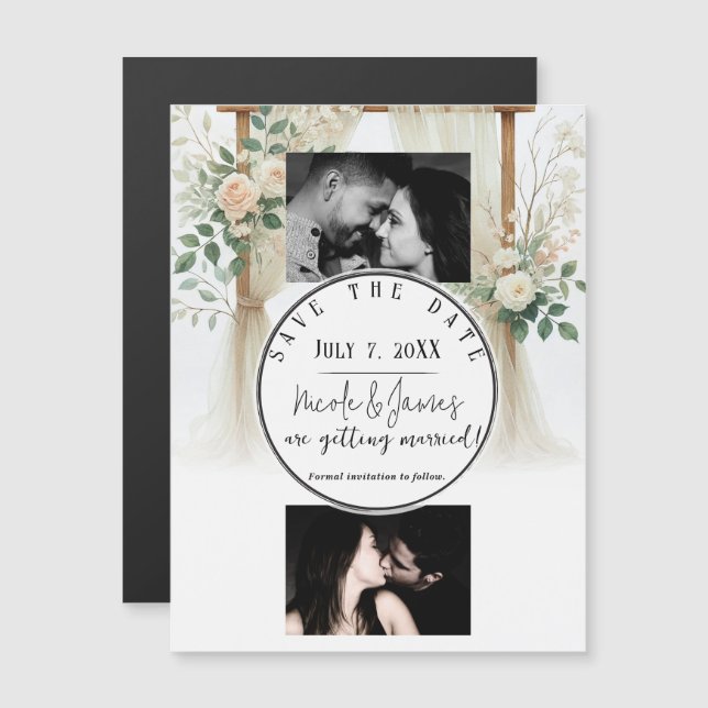 Floral Wooden Arch Greenery Rozen Save the Date (Voorkant / Achterkant)