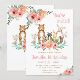 Floral Woodland Animals Birthday Party Forest Girl Kaart