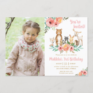 Floral Woodland Animals Birthday Party Girl Foto Kaart