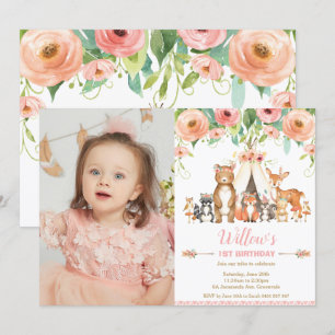 Floral Woodland Animals Forest 1st Birthday Foto Kaart