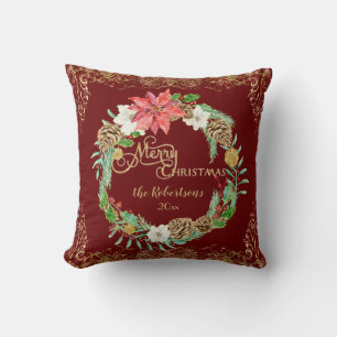 Floral Wreatal Waterverf Merry KerstRed Gold Kussen