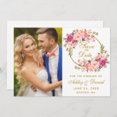 Floral Wreated Pink Gold Save the Date Photo (Voorkant / Achterkant)