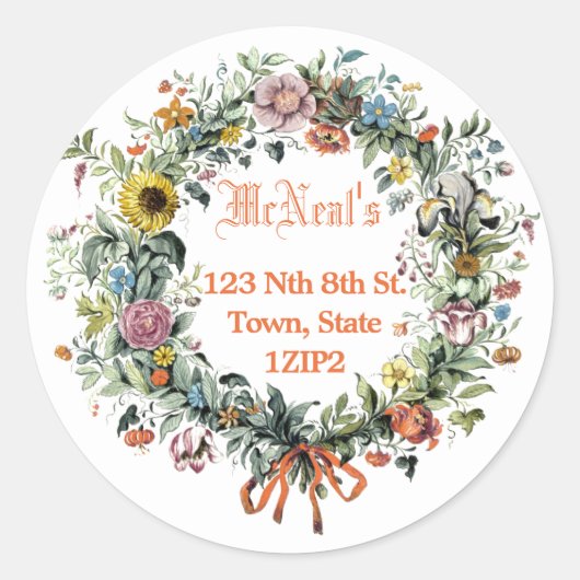 Floral Wreath Adres Ronde Sticker (Voorkant)