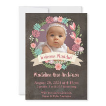 Floral Wreath Baby Girl Photo Birth Announcement