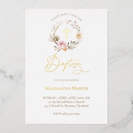 floral wreath Baptism Folie Uitnodiging (Voorkant)