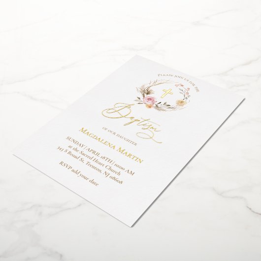 floral wreath Baptism Folie Uitnodiging (Gedraaid)