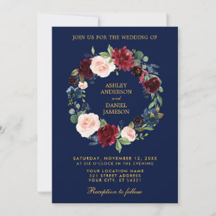 Floral Wreath Burgundy Blue Gold Wedding B Kaart