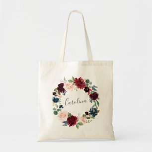 Floral Wreath Burgundy en Navy Blue Tote Bag