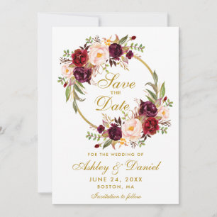 Floral Wreath Burgundy Gold redt de datum Save The Date