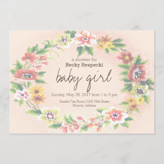 Floral Wreath Cross-stitch Baby shower Invitation Kaart