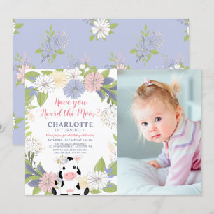 Floral Wreath Girl Koe 1e verjaardag Foto Kaart