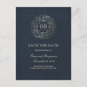 Floral Wreath Gold en Navy  Save the Date Aankondigingskaart