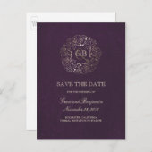 Floral Wreath Gold en Plum Save the Date Aankondigingskaart (Voorkant / Achterkant)