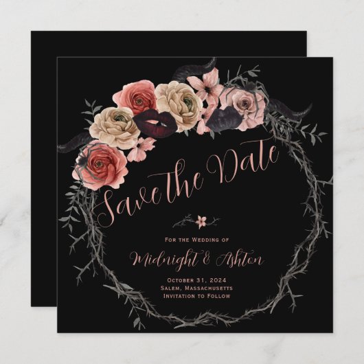Floral Wreath Gothic Save the Date (Voorkant / Achterkant)