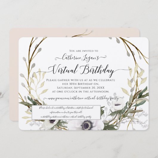 Floral Wreath Grey Blush Rustic Virtual Birthday Kaart (Voorkant / Achterkant)