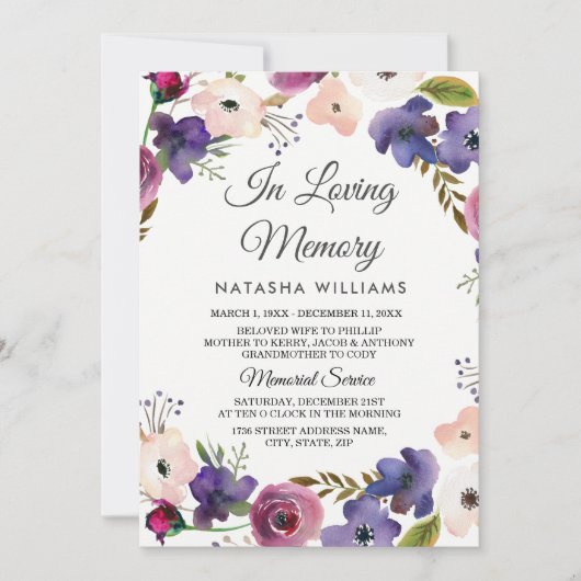 Floral Wreath Memorial Faire-part Service (Devant)