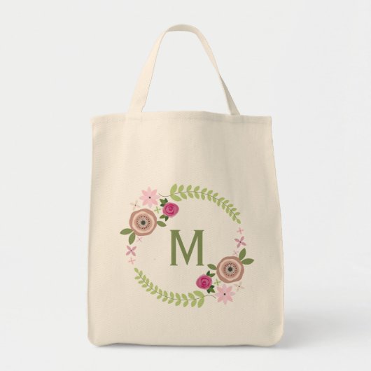 Floral Wreath Monogram Grocery Tas (Voorkant)