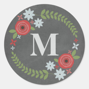 Floral Wreath Monogram Krijtbord Geïnspireerd Stic Ronde Sticker