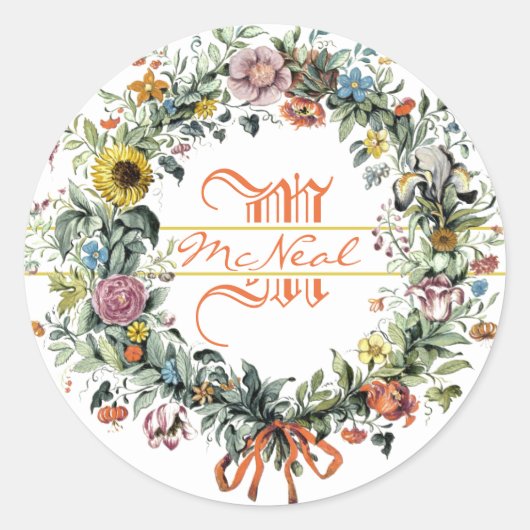Floral Wreath Monogram Ronde Sticker (Voorkant)