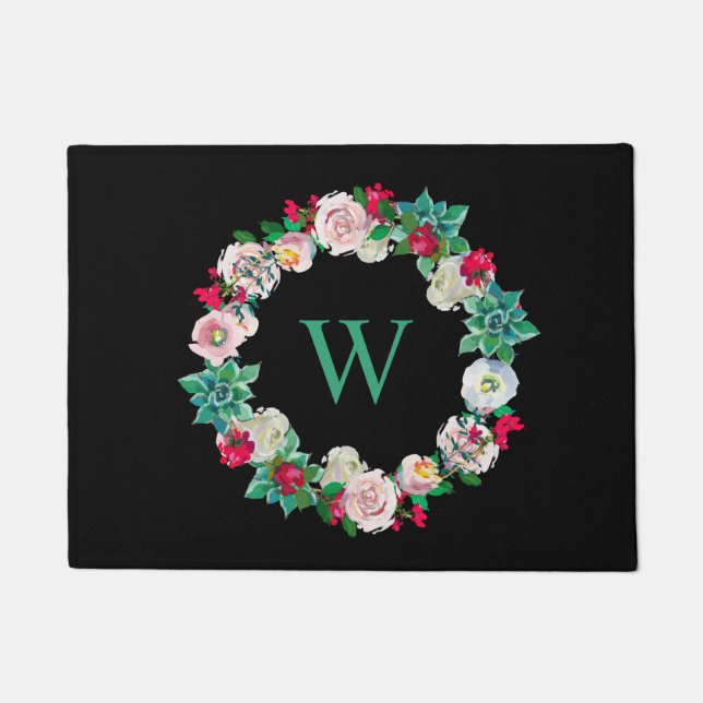 Floral Wreath Monogrammed Black Deurmat (Voorkant)