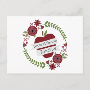 Floral Wreath Red Apple Second Grade Teacher Briefkaart
