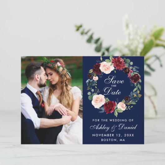 Floral Wreath Wedding Blue Burgundy Waterverf Save The Date (Staand voorkant)
