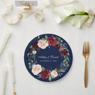 Floral Wreath Wedding Burgundy Blue Waterverf Papieren Bordje