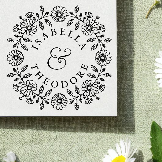 Floral Wreath Wooden Couple's Name Stamp Rubberstempel